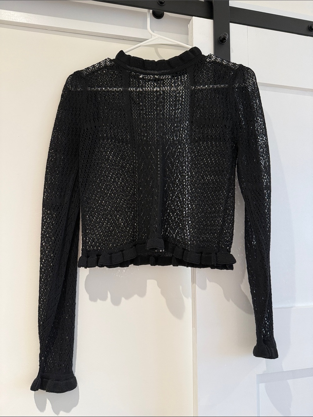 Zara Black Open-Knit Ruffle-Trim Cardigan